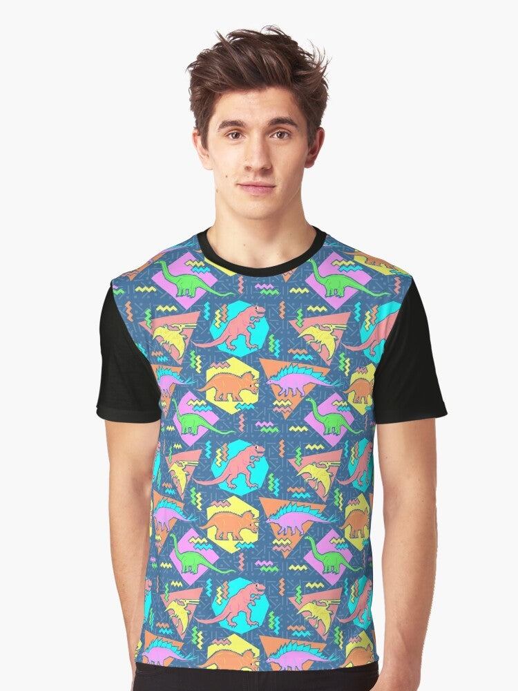 Retro-style graphic t-shirt with a pattern of nineties-inspired dinosaur designs, including Tyrannosaurus Rex, Pterodactyl, and more. - Men