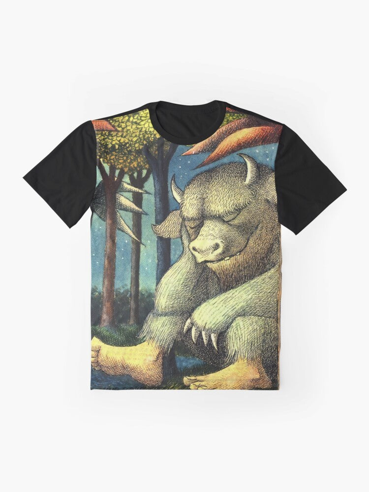 Graphic t-shirt featuring the beloved characters and story from Maurice Sendak's classic children's book "Where the Wild Things Are" - Flat lay