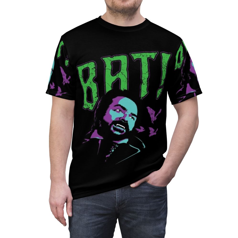 A high-quality, custom-designed t-shirt featuring a bat graphic, perfect for fans of the TV show What We Do in the Shadows. - men front