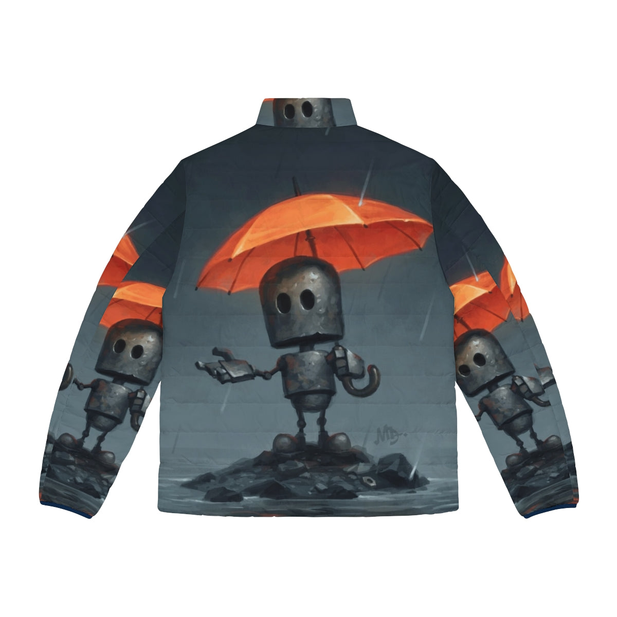 Emotional robot wearing orange and gray puffer jacket standing under umbrella - Back