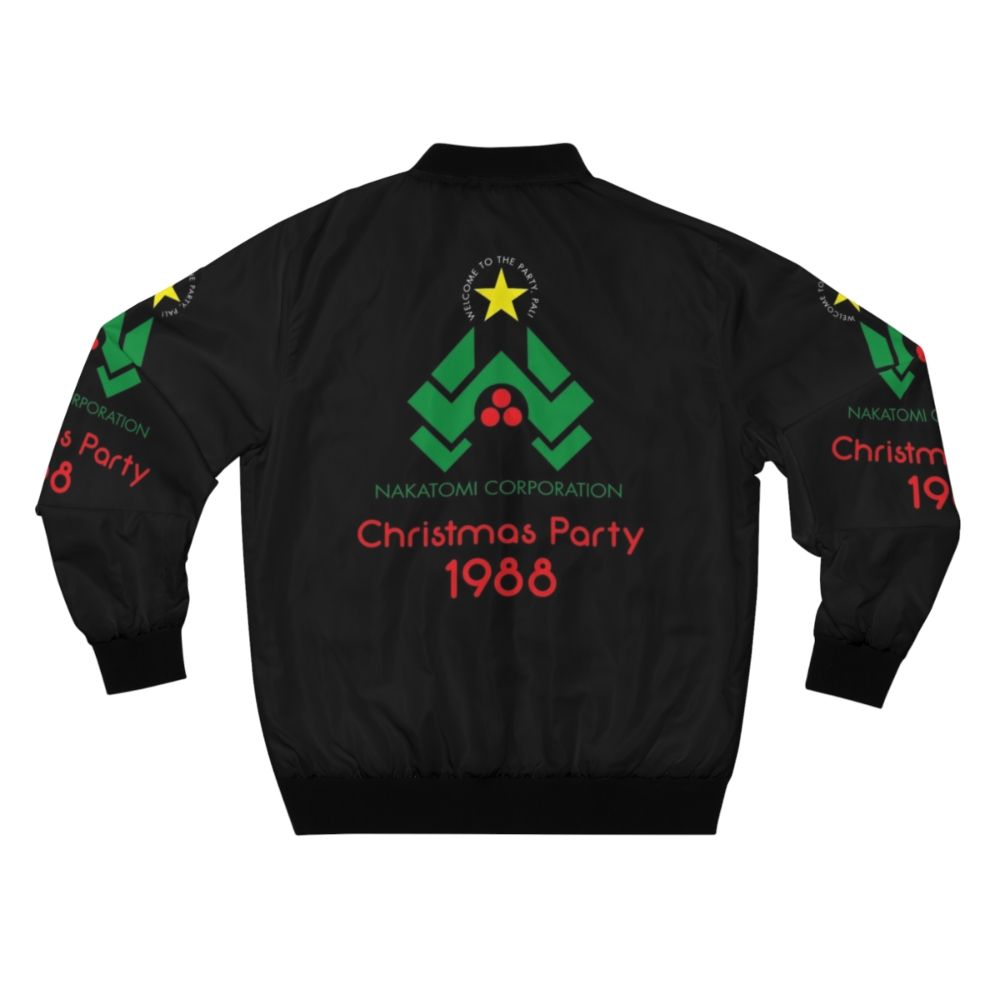 A stylish bomber jacket featuring the Die Hard movie logo, Christmas tree, and "Yippee ki yay" quote. - Back