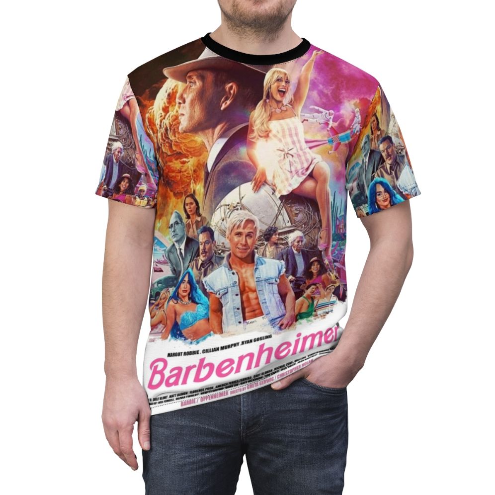 Barbie and Oppenheimer movie crossover t-shirt with nuclear explosion and mushroom cloud design - men front