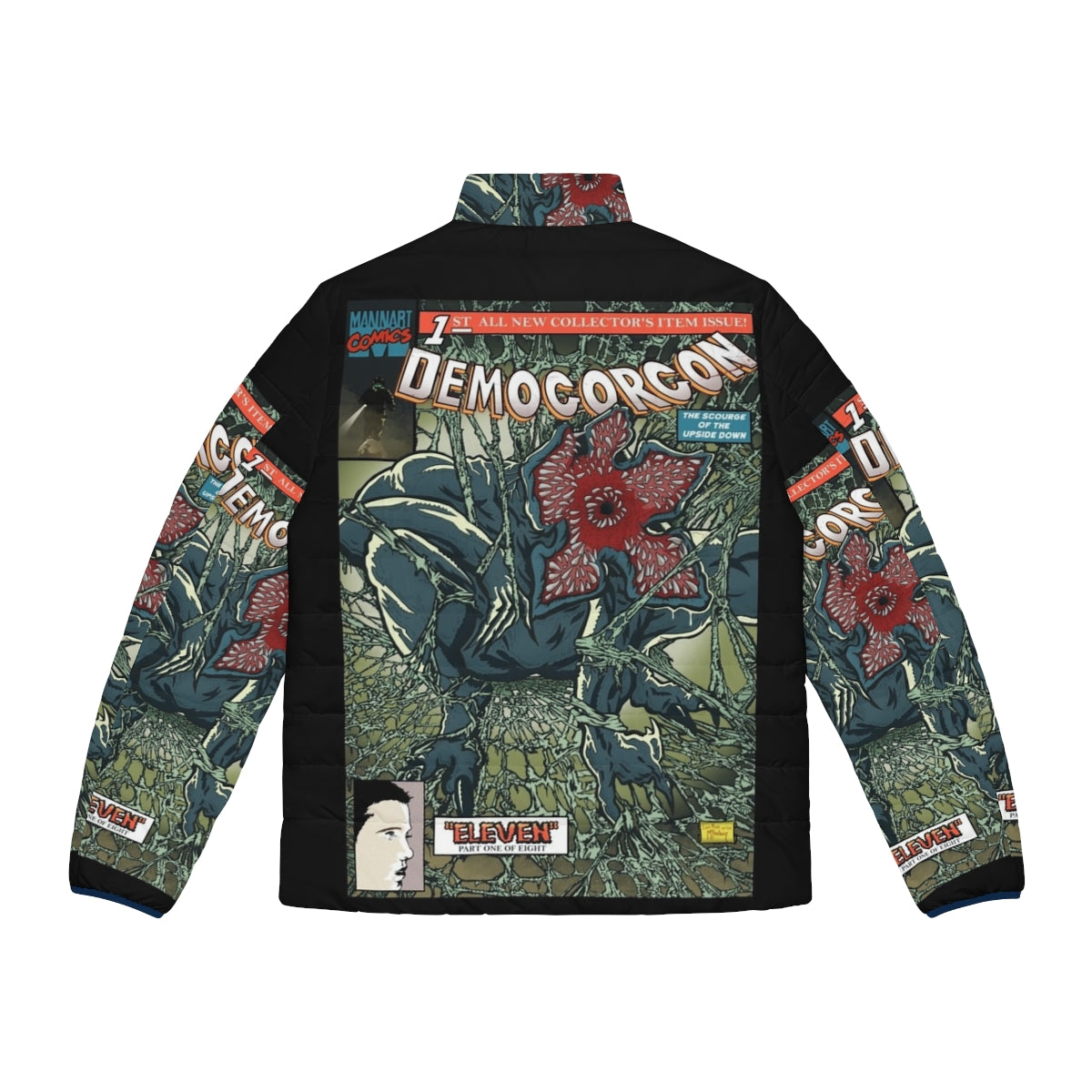 Demogorgon Puffer Jacket featuring Stranger Things-inspired design with spiderwebs and interdimensional elements - Back