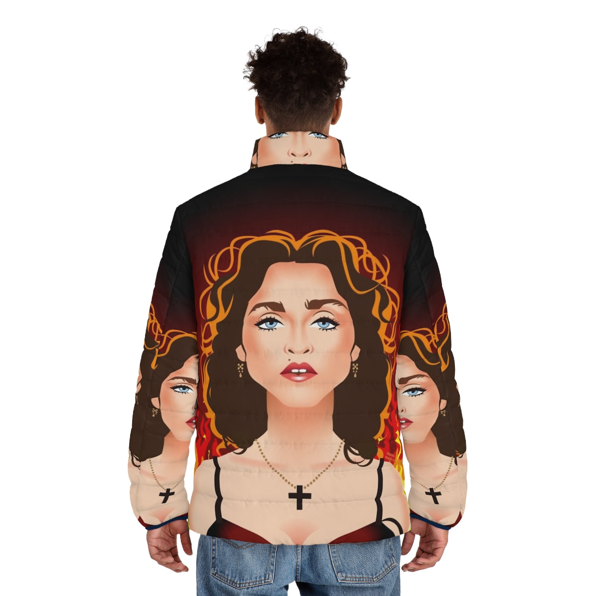 Prayer Puffer Jacket featuring Alejandro Mogollo's fiery pop art cross design - men back