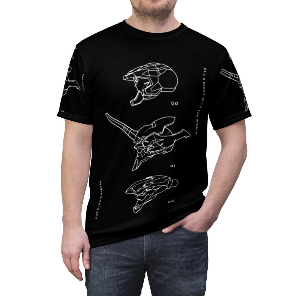 Anime t-shirt design featuring the iconic EVA units from the Neon Genesis Evangelion series - men front