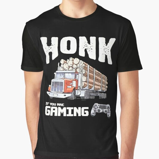 "HONK IF YOU ARE GAMING" graphic t-shirt for trucker gamers and video game enthusiasts