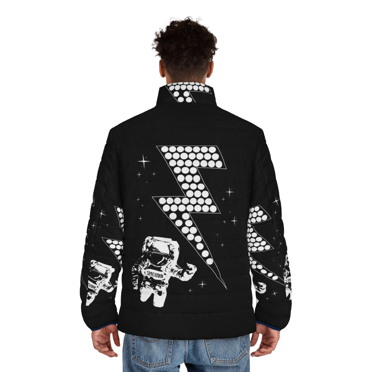 Spaceman puffer jacket with lightning bolt, star, and cosmic design - men back