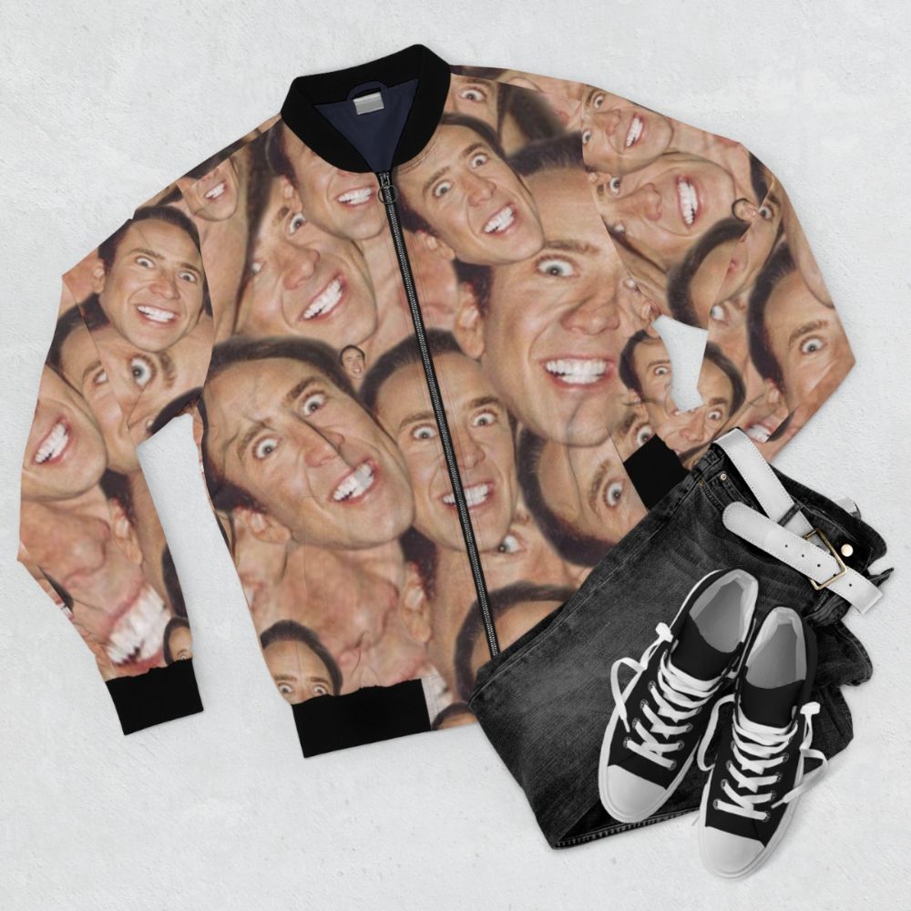 A bomber jacket featuring a collage design with the face of actor Nicolas Cage. - Flat lay