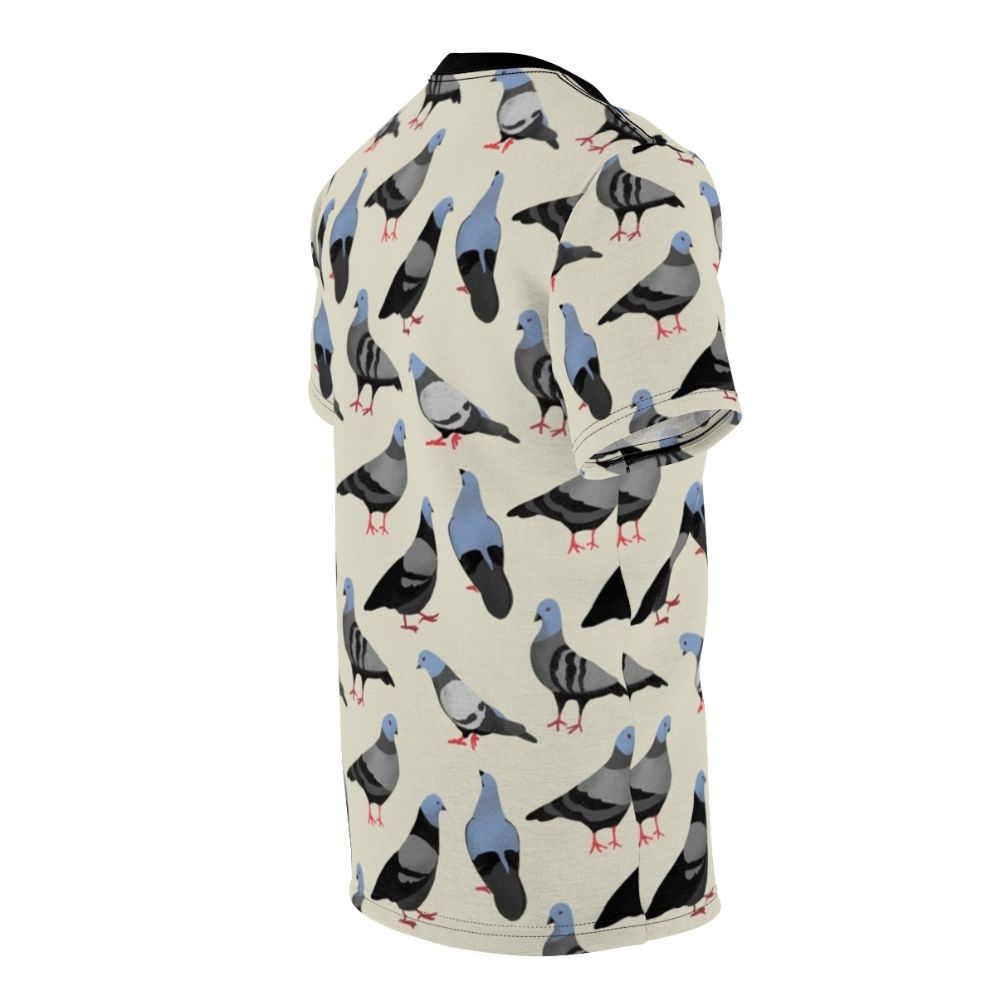 Colorful graphic illustration of pigeons on an all-over-print t-shirt design - men right