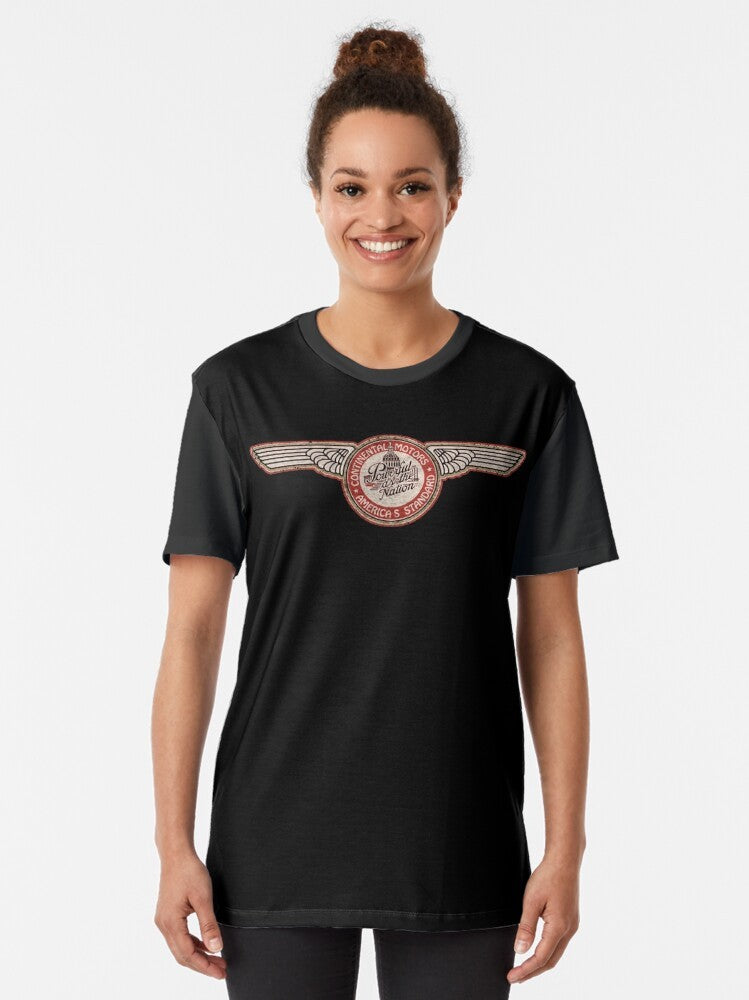 Vintage graphic t-shirt featuring the text "Continental Aircraft Engines USA" with wings and vintage aircraft silhouettes - Women