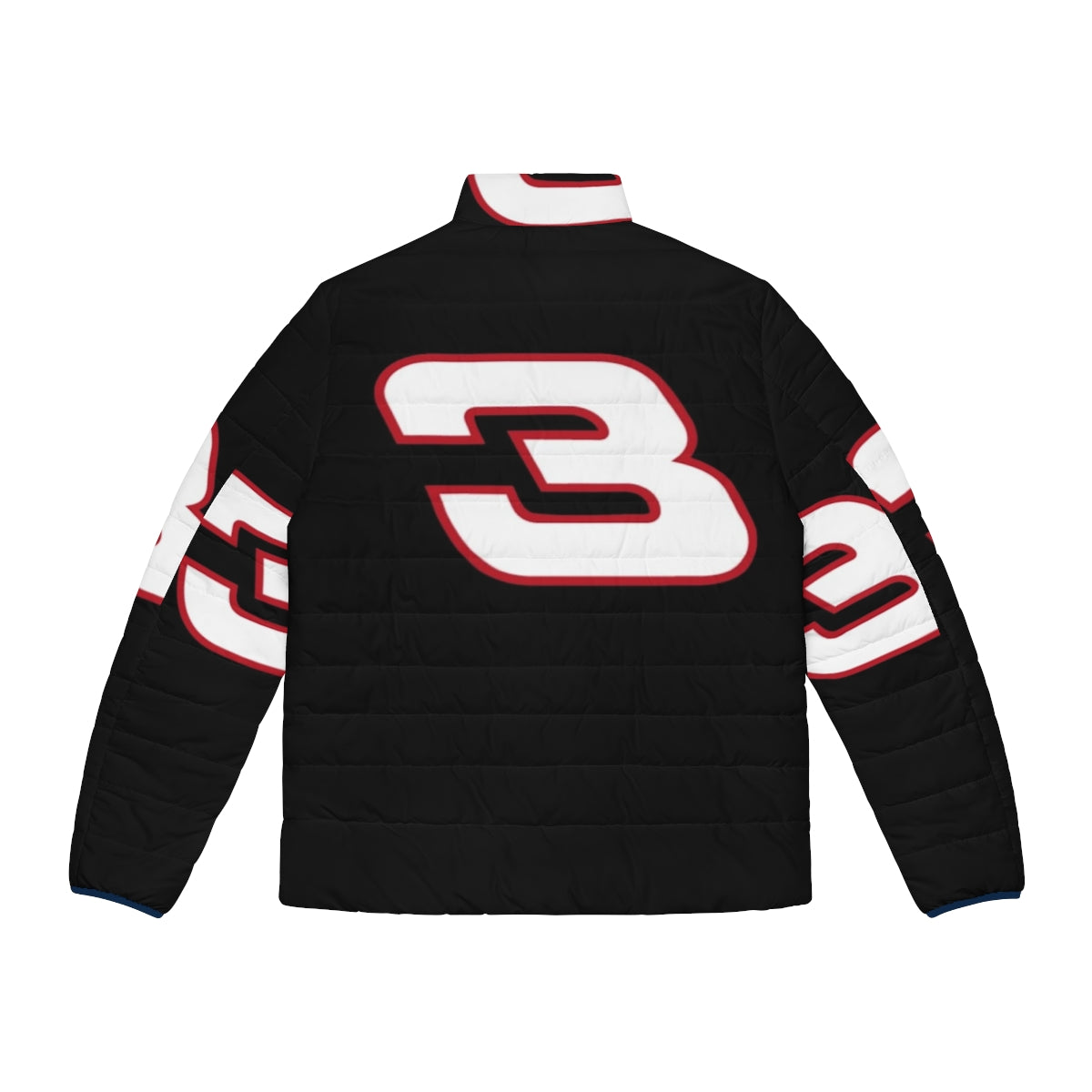 A black and white puffer jacket with the number 3 design, representing the iconic legacy of Dale Earnhardt in NASCAR racing. - Back