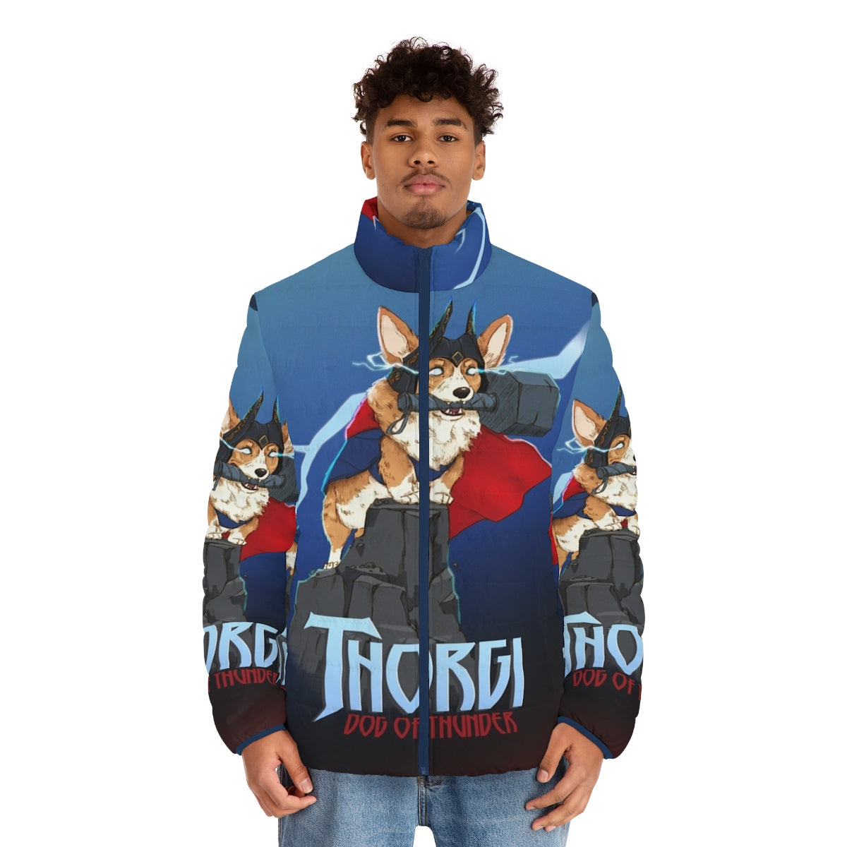 Thorgi Dog of Thunder Puffer Jacket - Cute Corgi Wearing Nordic-Inspired Thor Dog Clothing - men front