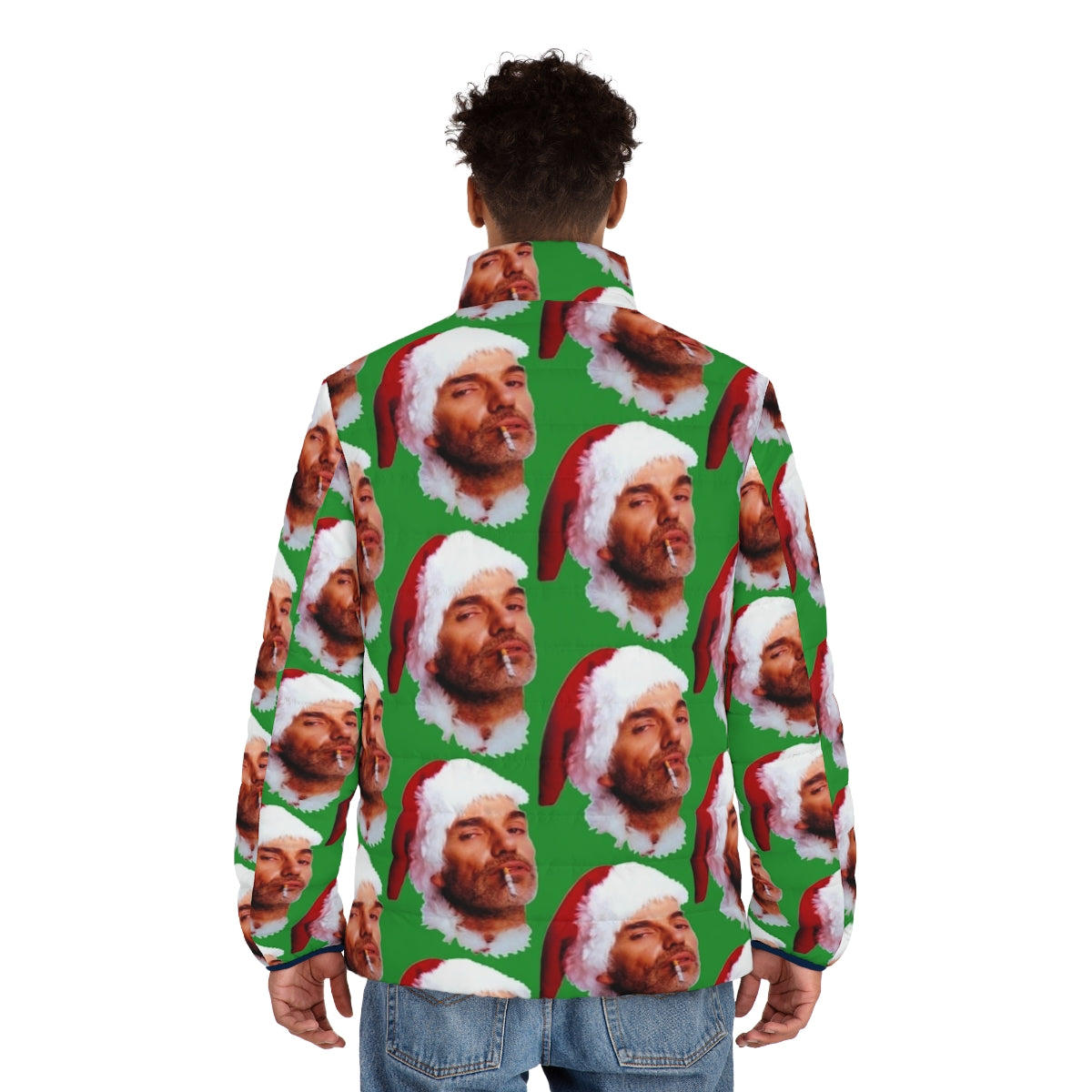 Bad Santa smoking a cigarette wearing a festive puffer jacket - men back