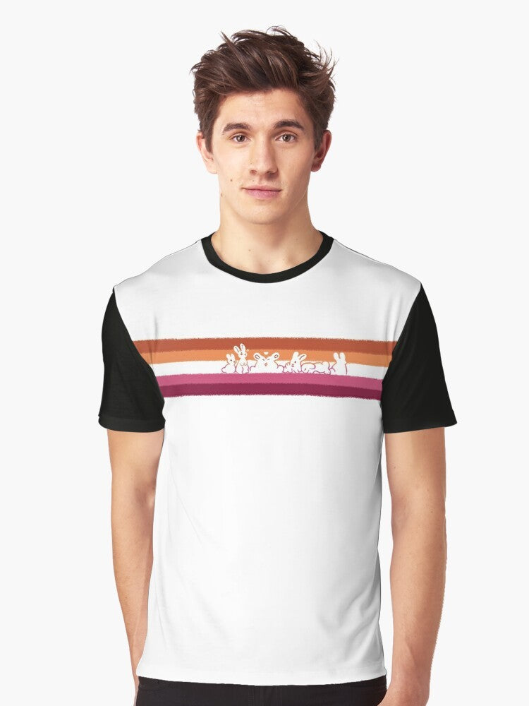 Lesbian Pride Rabbits Graphic T-Shirt featuring two rabbits in pride flag colors - Men