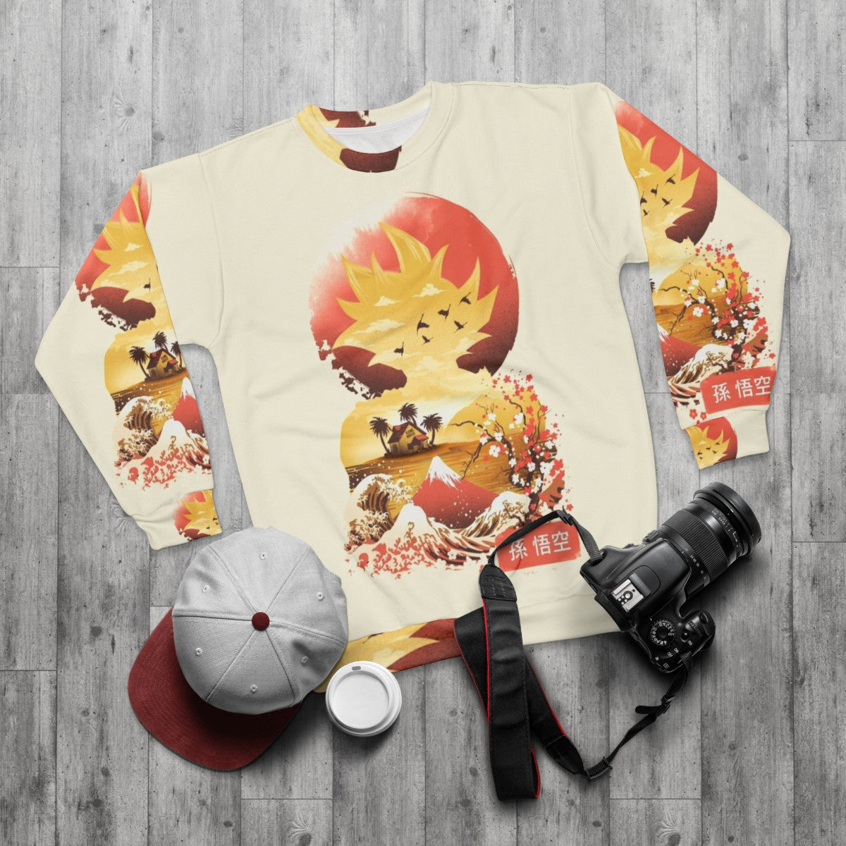 Ukiyo-E inspired Super Saiyan sweatshirt featuring anime and Japanese art - flat lay