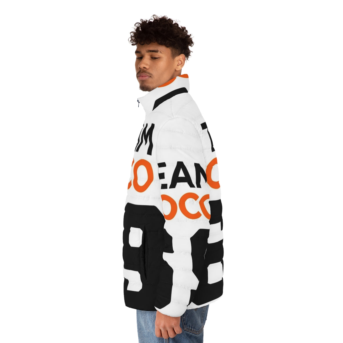 Team Coco football jersey style puffer jacket featuring Conan O'Brien's logo - men side left