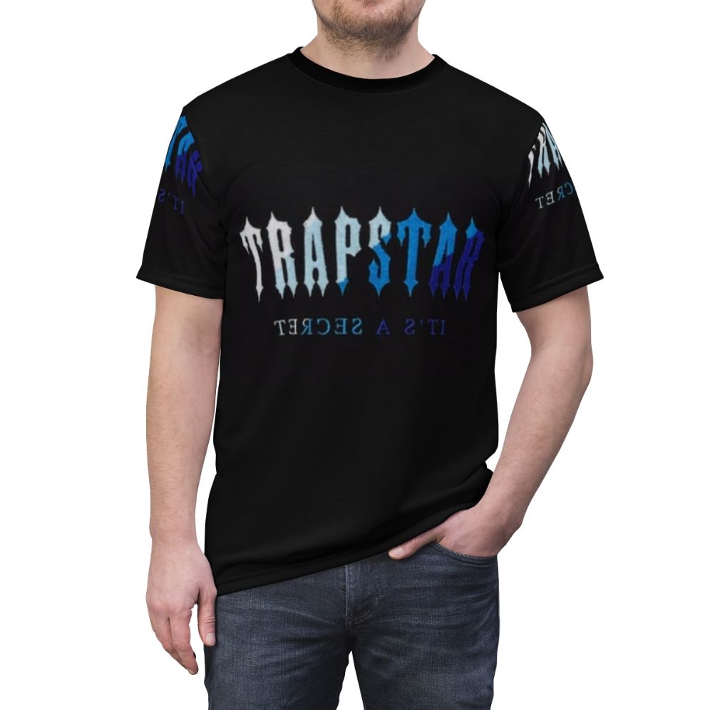 Premium Trapstar-inspired all-over-print t-shirt featuring a striking chenille graphic design - men front