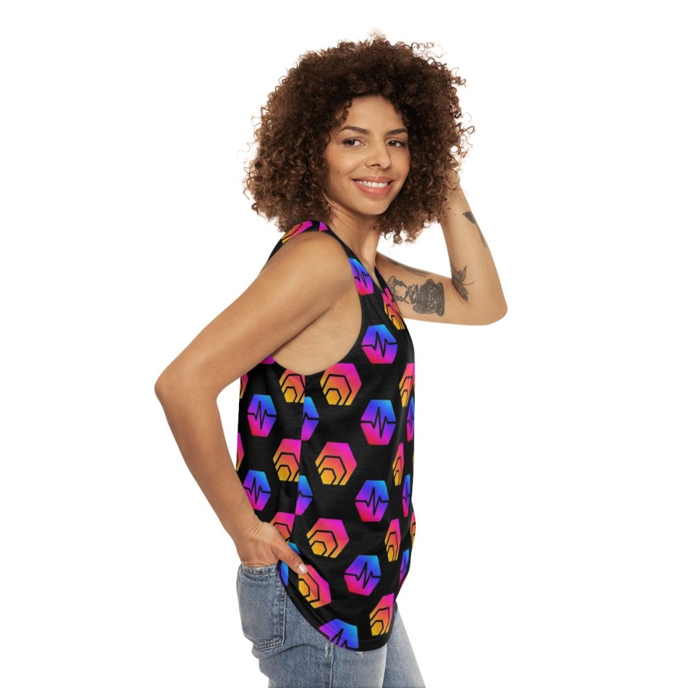 Unisex tank top with Hex crypto and Pulsechain logo design - women side