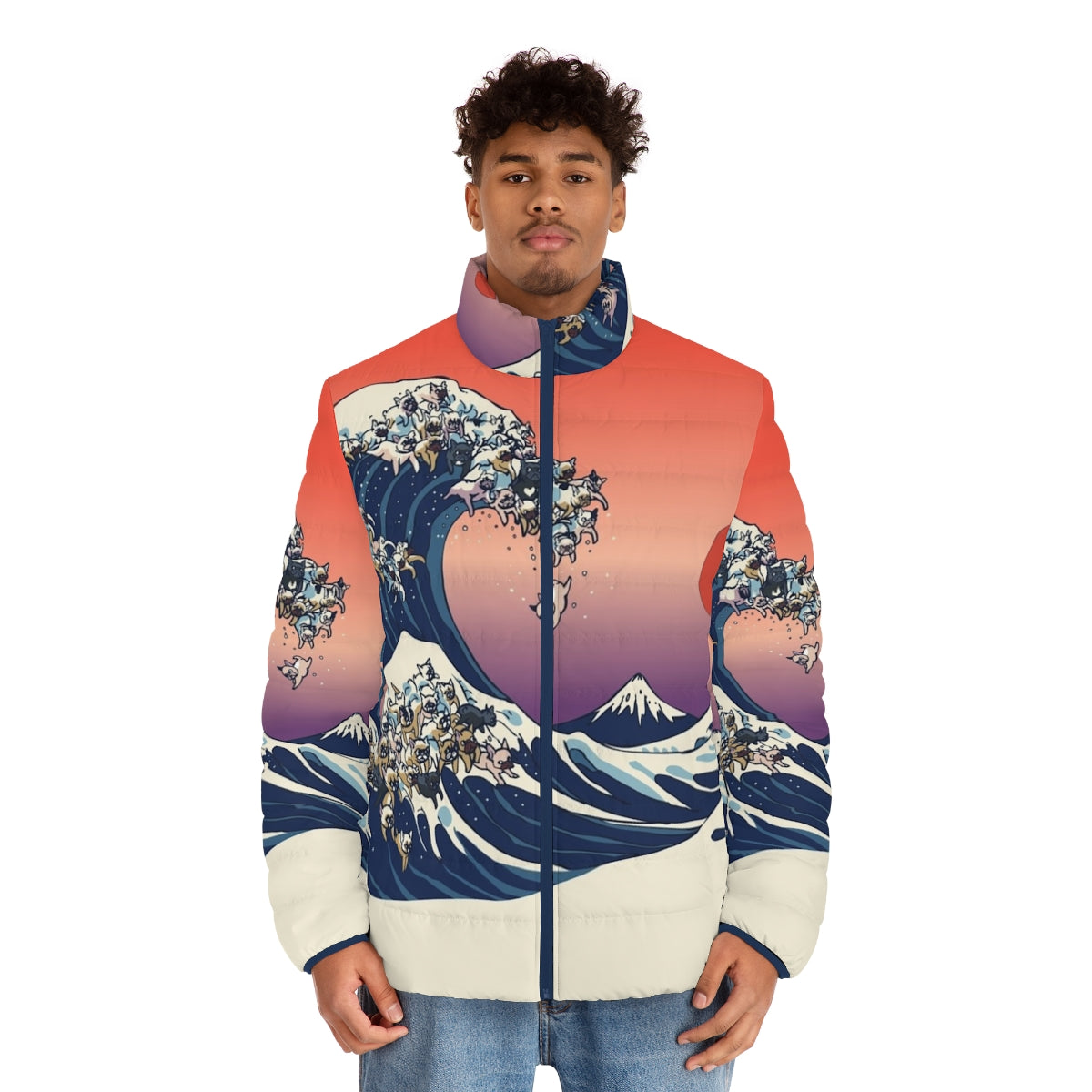 A French bulldog wearing a stylish puffer jacket with a Hokusai wave design. - men front