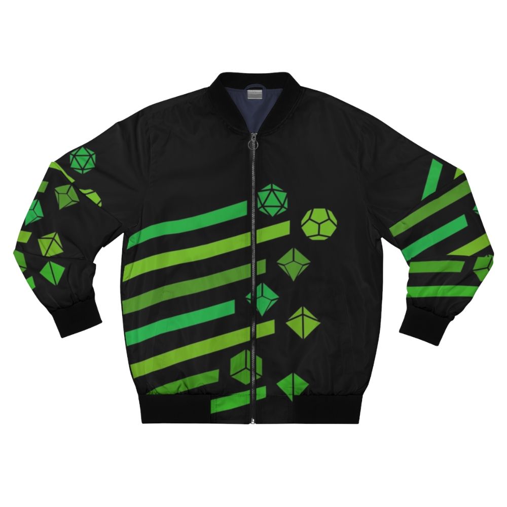 Green bomber jacket featuring polyhedral dice and Cthulhu inspired design for tabletop RPG enthusiasts.