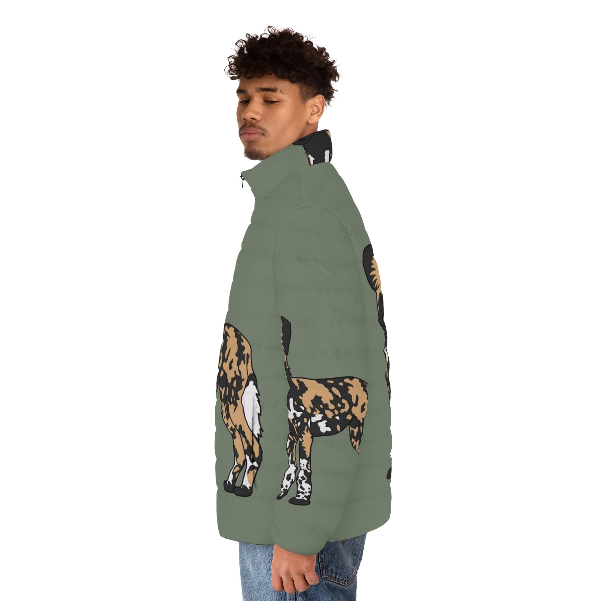 African Painted Dog Puffer Jacket featuring the stunning and unique wild canid - men side left