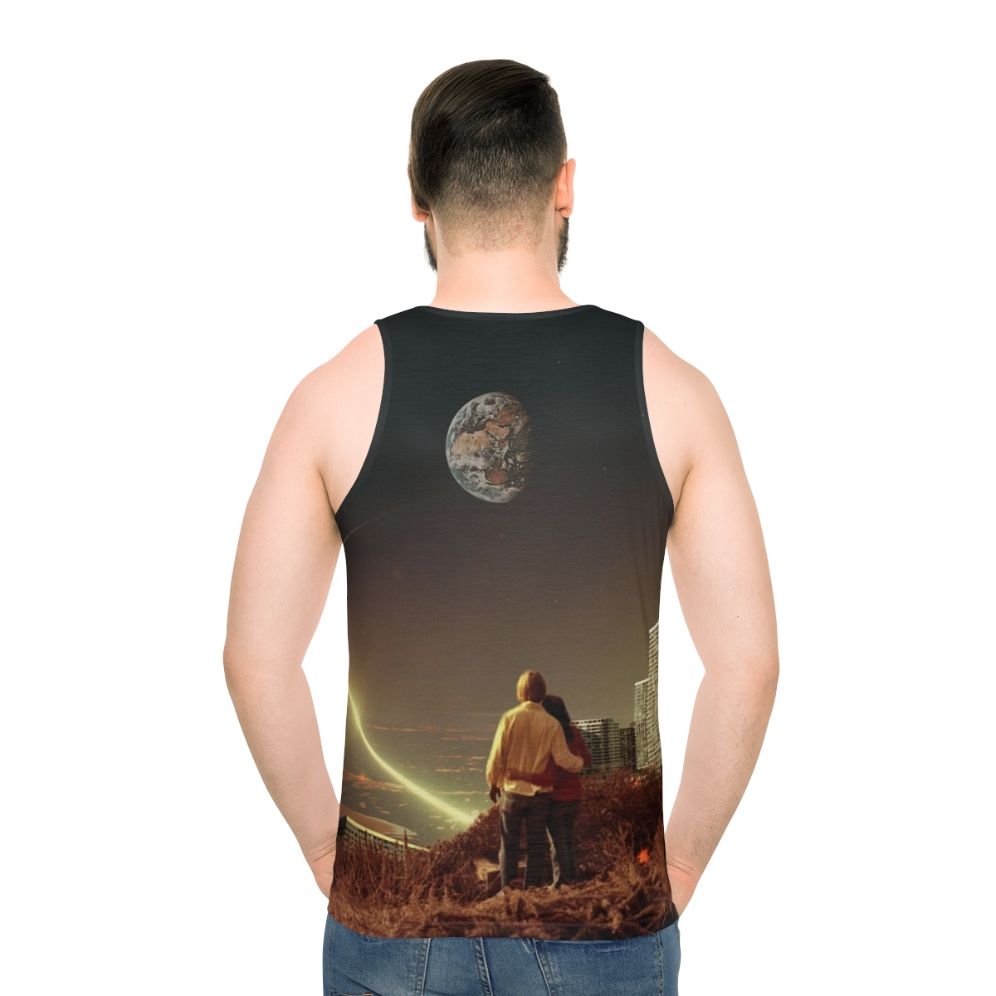 Surreal unisex tank top featuring a couple in a retro-futuristic urban landscape - men back