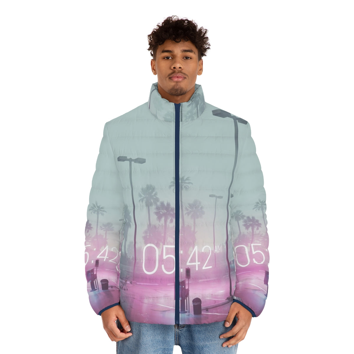 Time Puffer Jacket with vaporwave, synthwave, and retro design - men front