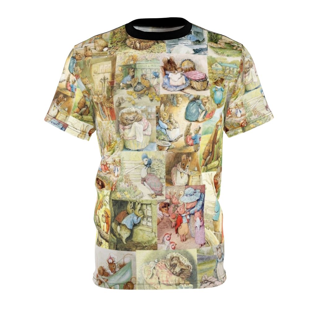 Collage T-shirt featuring a whimsical design inspired by the works of Beatrix Potter, including characters like Peter Rabbit and Jemima Puddle-Duck.