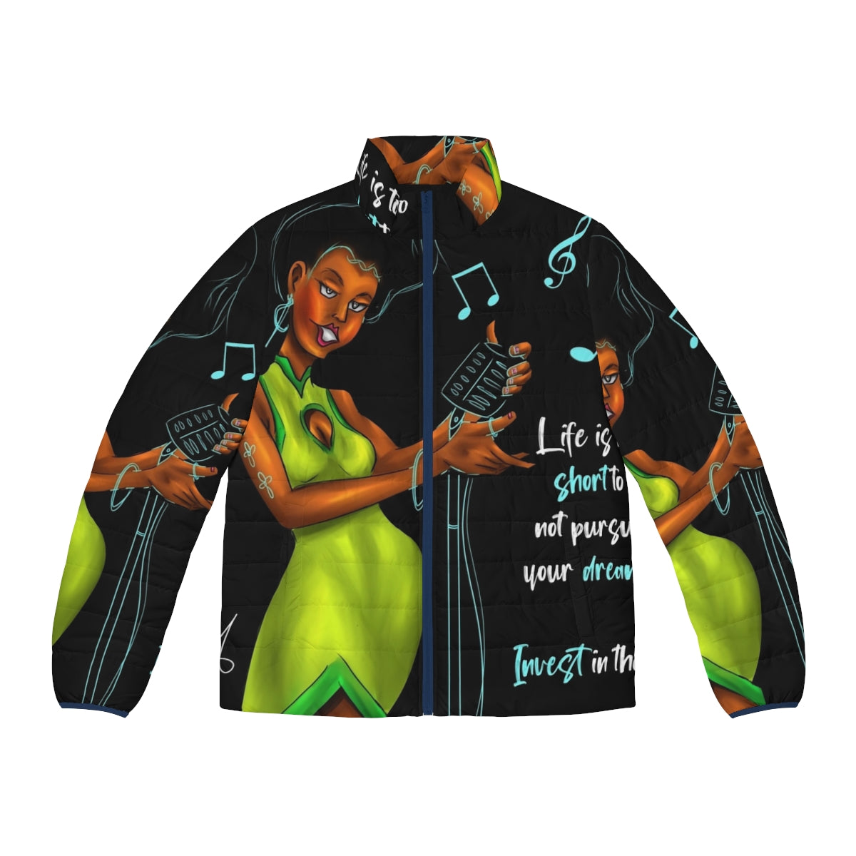 A green puffer jacket with the text "A Life of Dreams" on it, inspiring women singers and musicians.