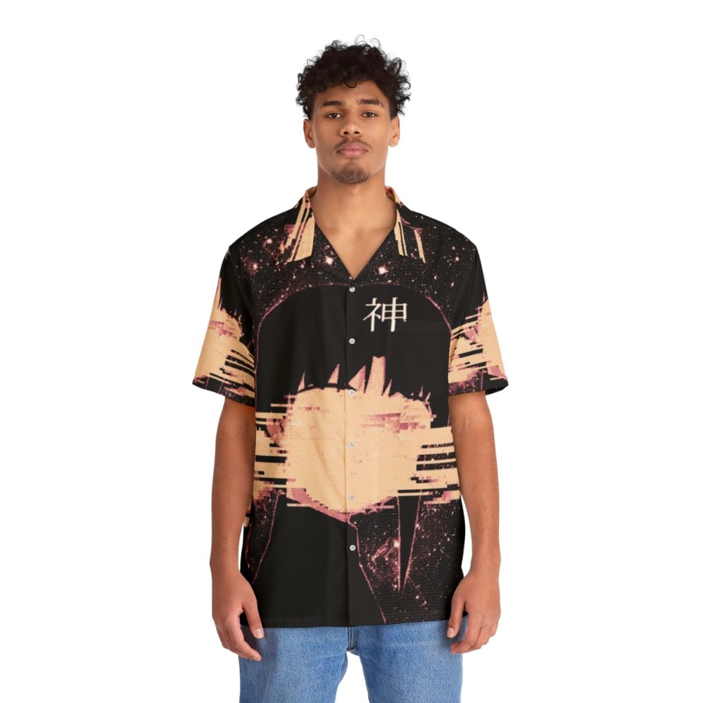 Cosmic Glitch Hawaiian Shirt featuring outer space and glitch art design - People Front