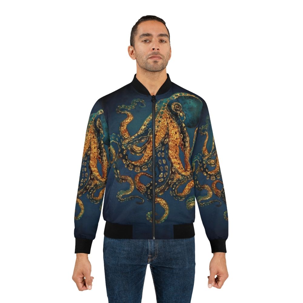 Watercolor octopus bomber jacket with abstract ocean design - Lifestyle