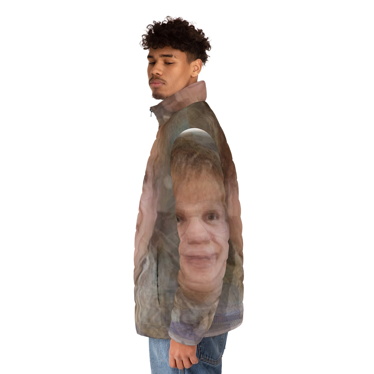 Chris Farley Portrait Puffer Jacket featuring experimental and abstract photographic overlay design - men side left