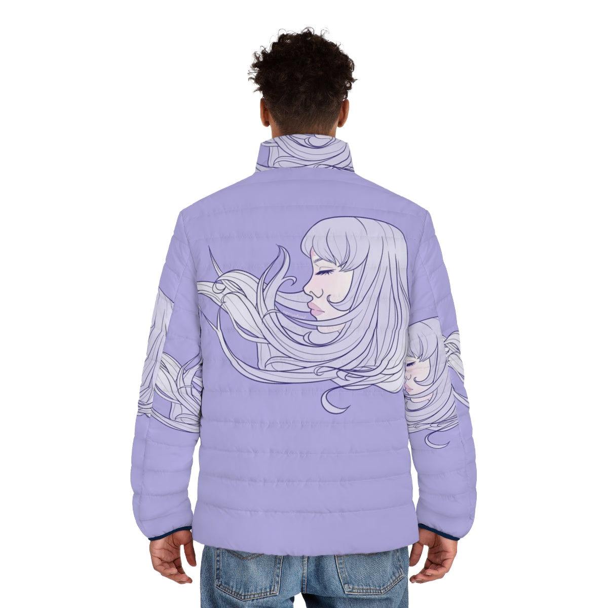 The Last Unicorn pastel purple puffer jacket with whimsical unicorn design - men back