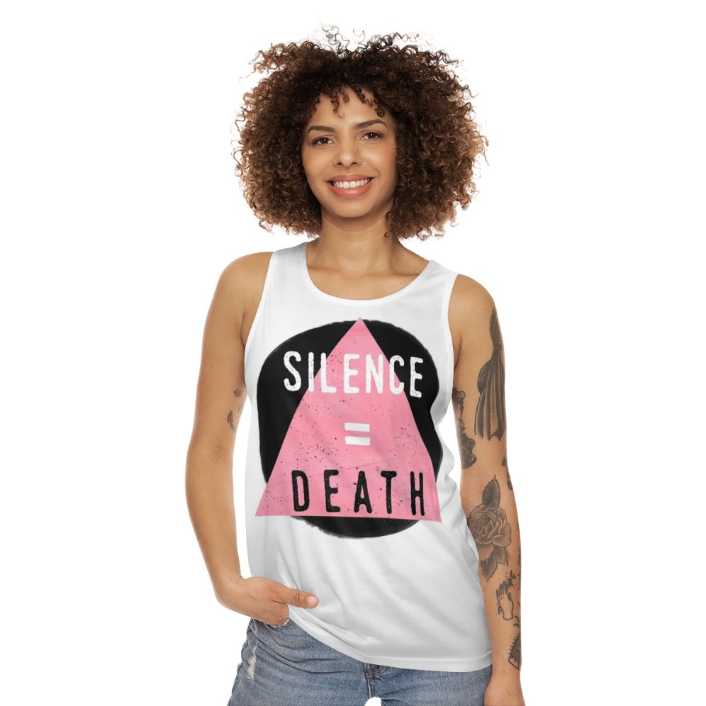 Unisex tank top with "Silence Death" design for LGBTQ+ and HIV/AIDS awareness - women