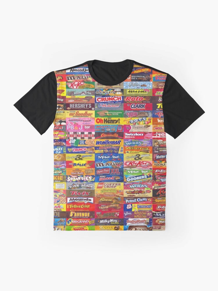 Colorful graphic t-shirt featuring various candy wrappers and packaging designs - Flat lay