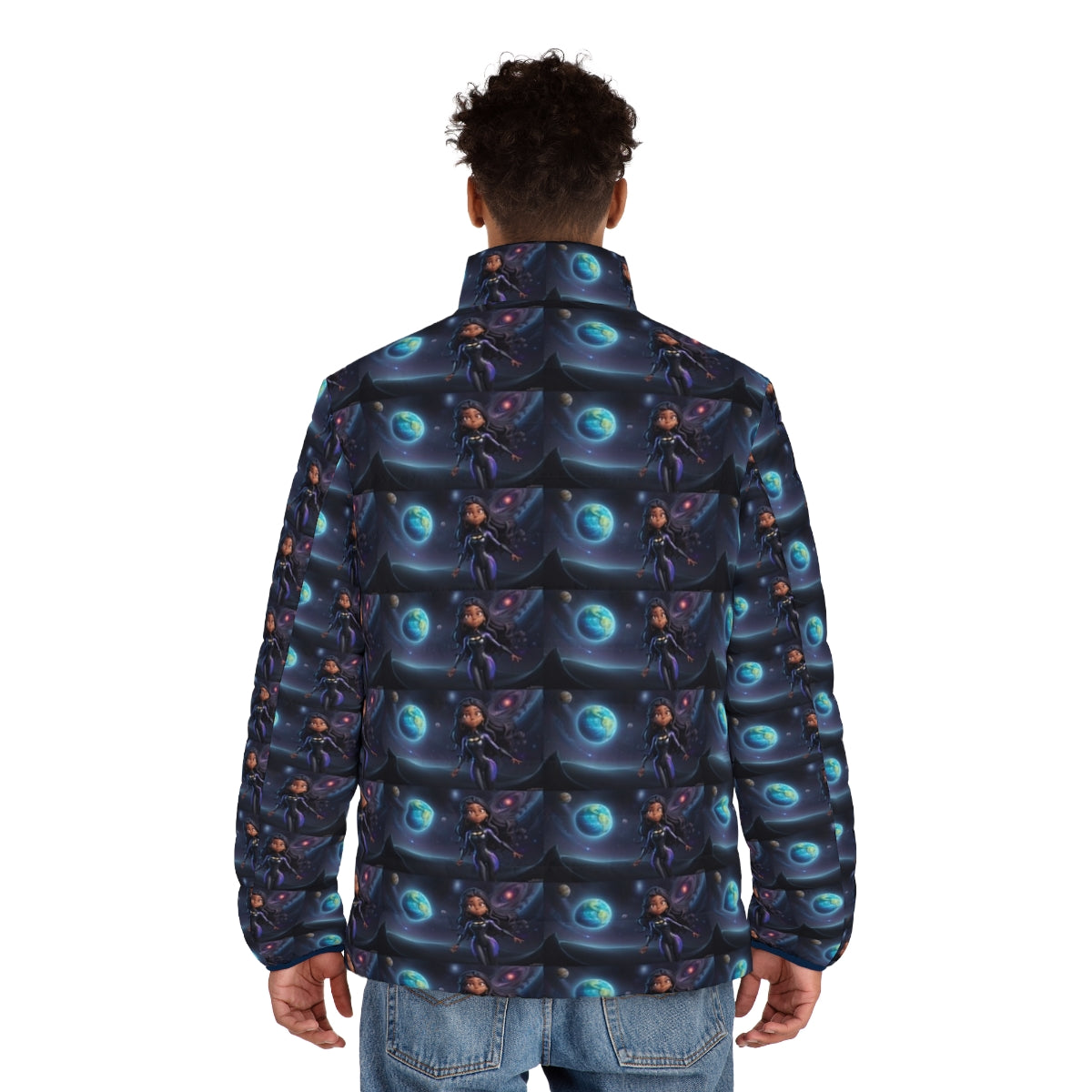 Interstellar puffer jacket featuring a galaxy-inspired design with stars, planets, and a cosmic surfing scene - men back