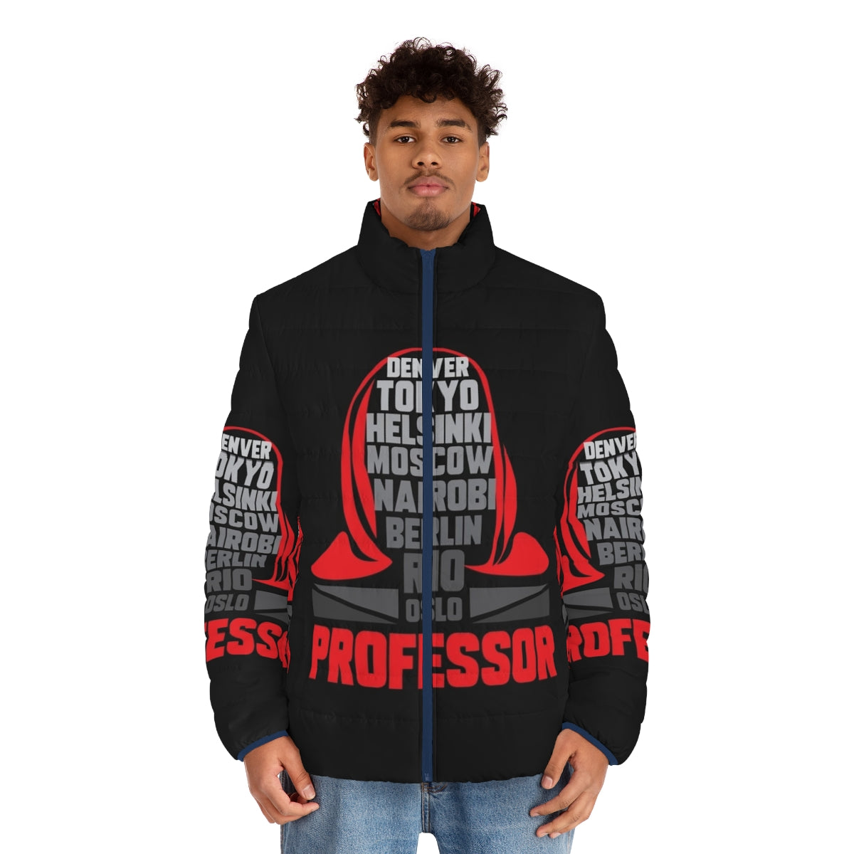 A person wearing a gray hooded puffer jacket with the "Money Heist" theme - men front