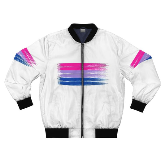 Colorful bisexual pride flag bomber jacket with paint streak design