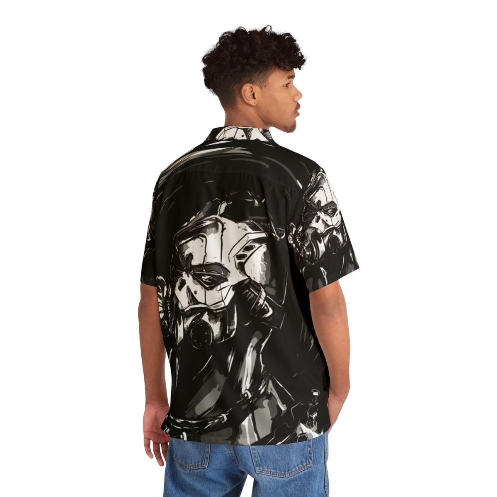 Borderlands-inspired dark graphic Hawaiian shirt with monochrome cell-shaded design - People Back