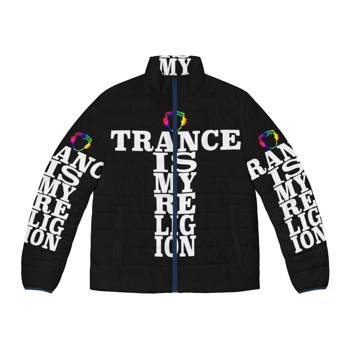 Trance Is My Religion Puffer Jacket featuring electronic dance music symbols and artists