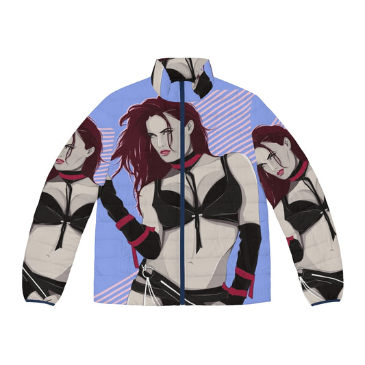 Fiery Diva Puffer Jacket featuring a bold, eye-catching print inspired by female wrestling icons