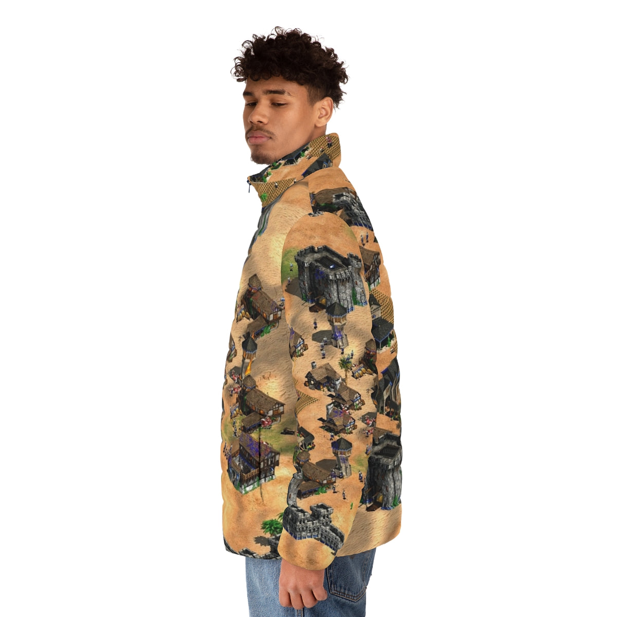 Age of Empires inspired puffer jacket with classic game graphics - men side left