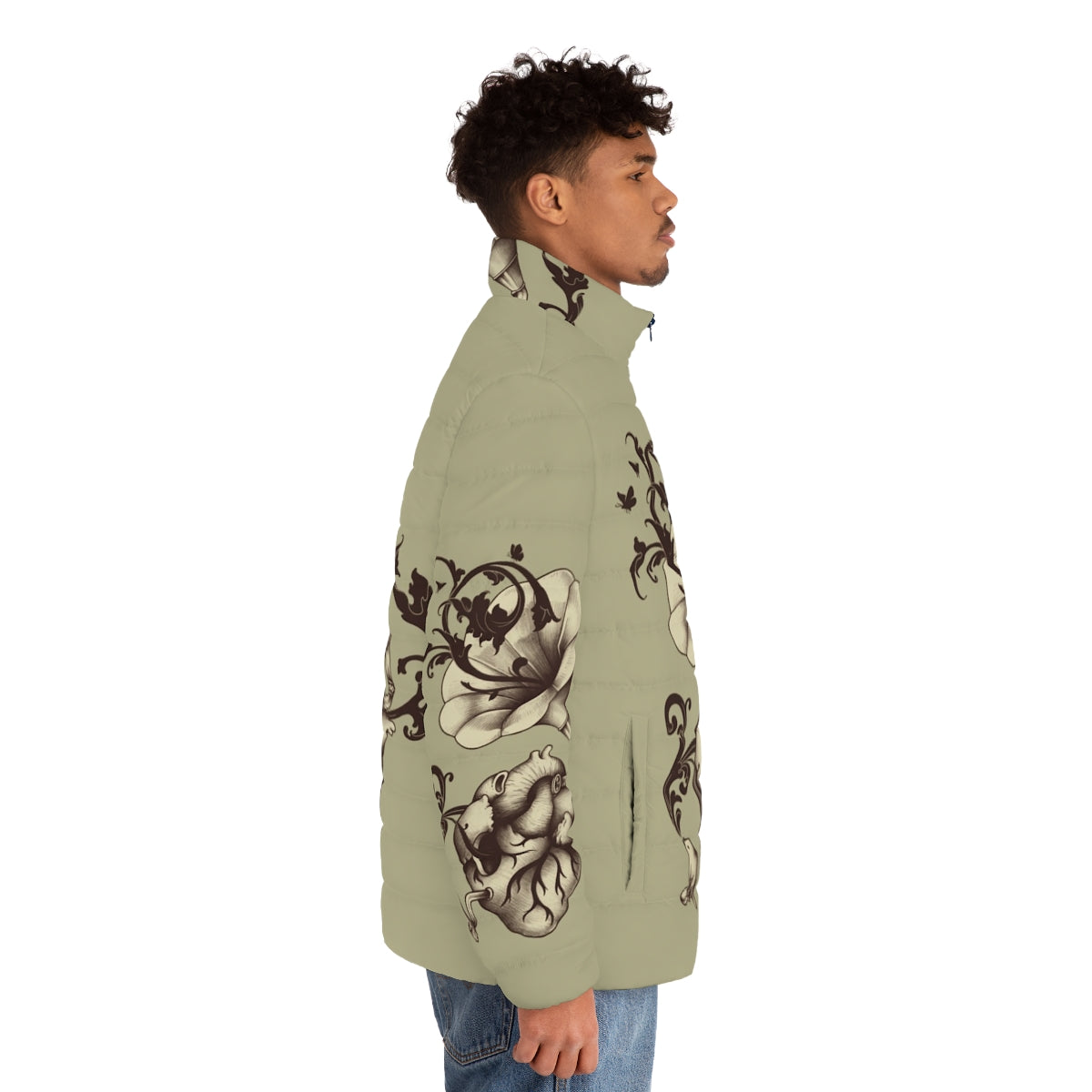 A puffer jacket featuring a surreal heart design with a gramophone, bird, and butterfly elements - men side right