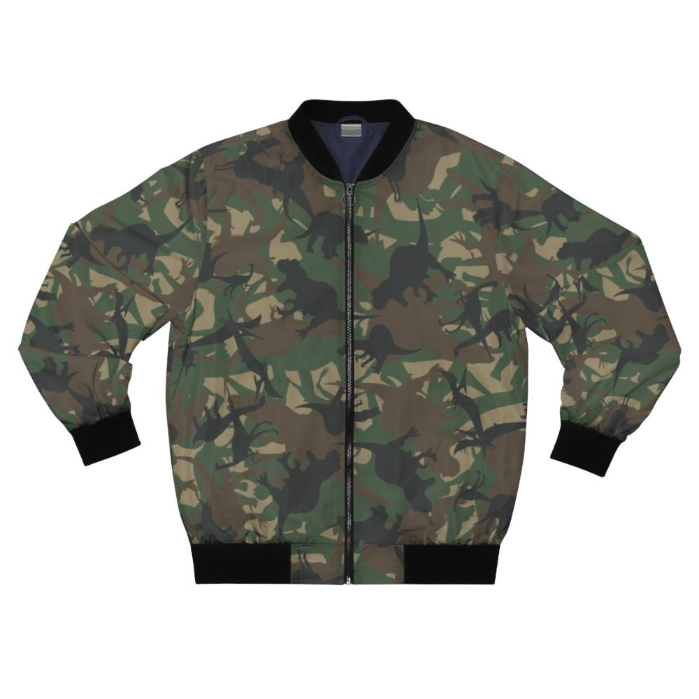 Camouflage dinosaur military-style bomber jacket