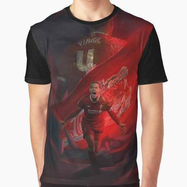 Illustration of Virgil Van Dijk, the famous Liverpool FC football player, on a graphic t-shirt design.