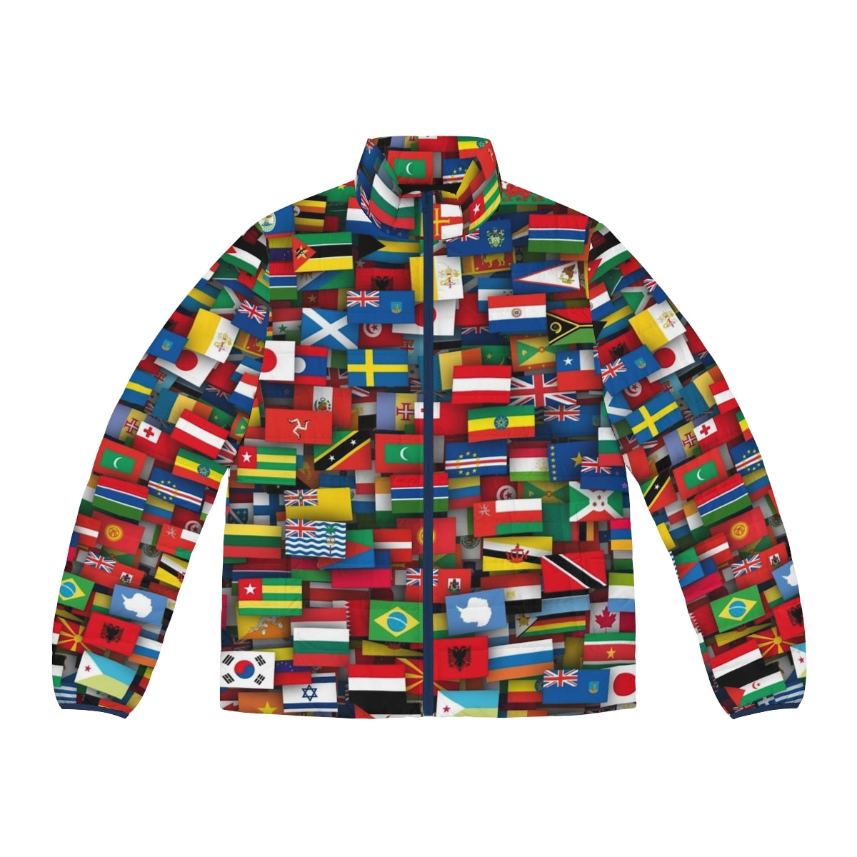 Flags of the world puffer jacket with vibrant national flag patterns