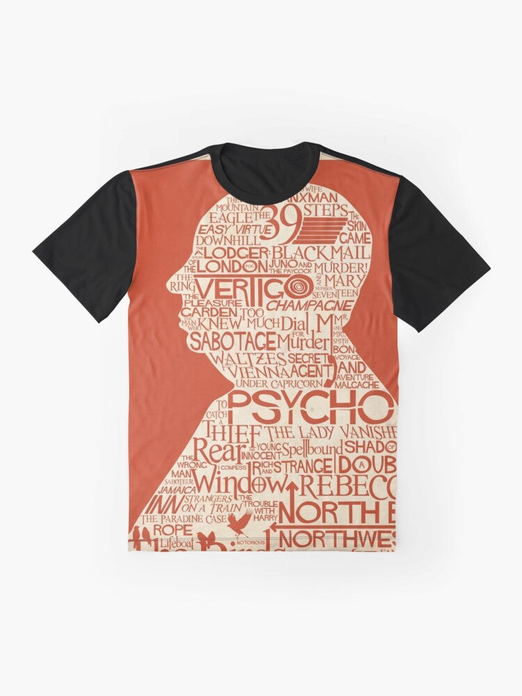 Classic Alfred Hitchcock graphic t-shirt featuring the director's iconic silhouette and film references - Flat lay