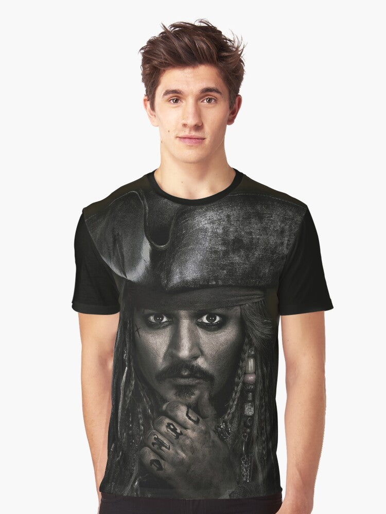 A graphic t-shirt featuring Captain Jack Sparrow, played by actor Johnny Depp, from the Pirates of the Caribbean movies. - Men