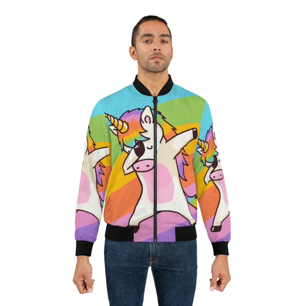 A stylish bomber jacket featuring a dabbing unicorn design with hip hop and dab elements. - Lifestyle