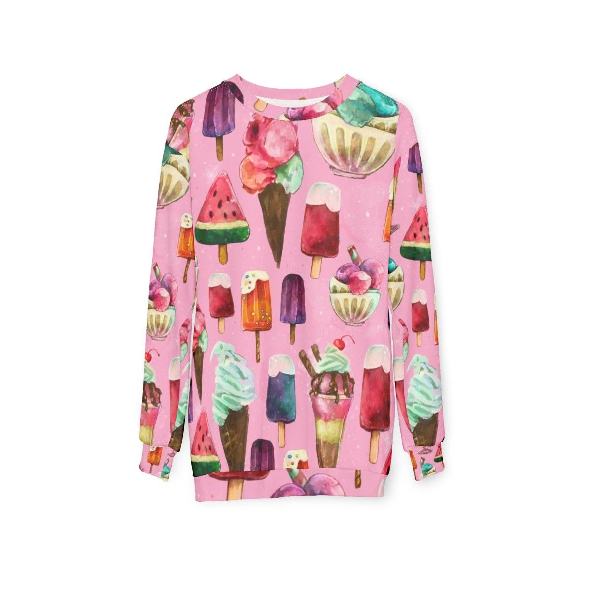 Woman wearing ice cream pattern sweatshirt - hanging